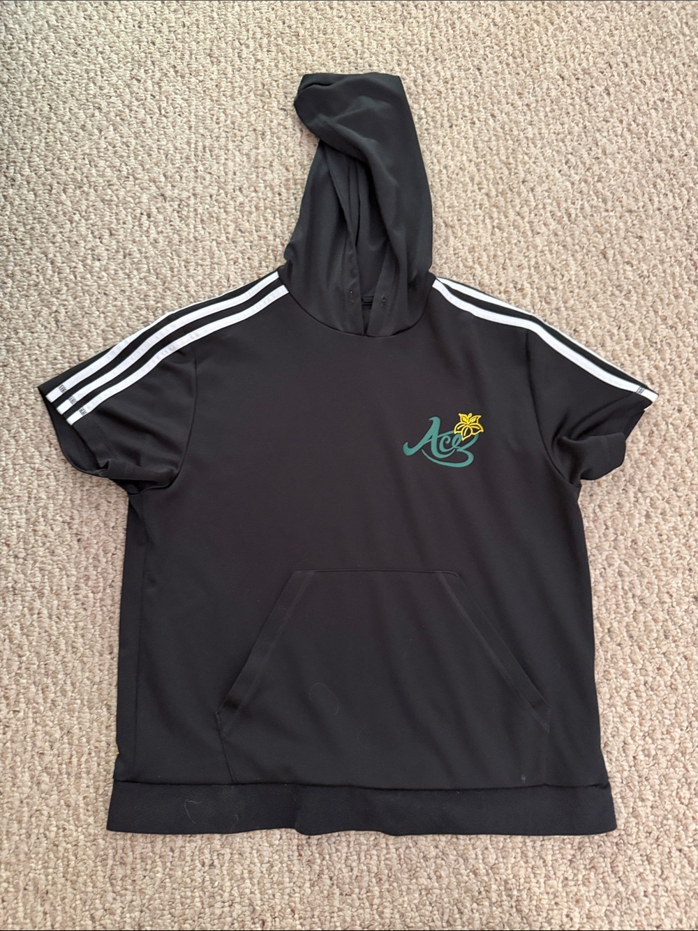 adidas Black Short-Sleeve Hoodie with White Stripes and Green/Yellow Logo